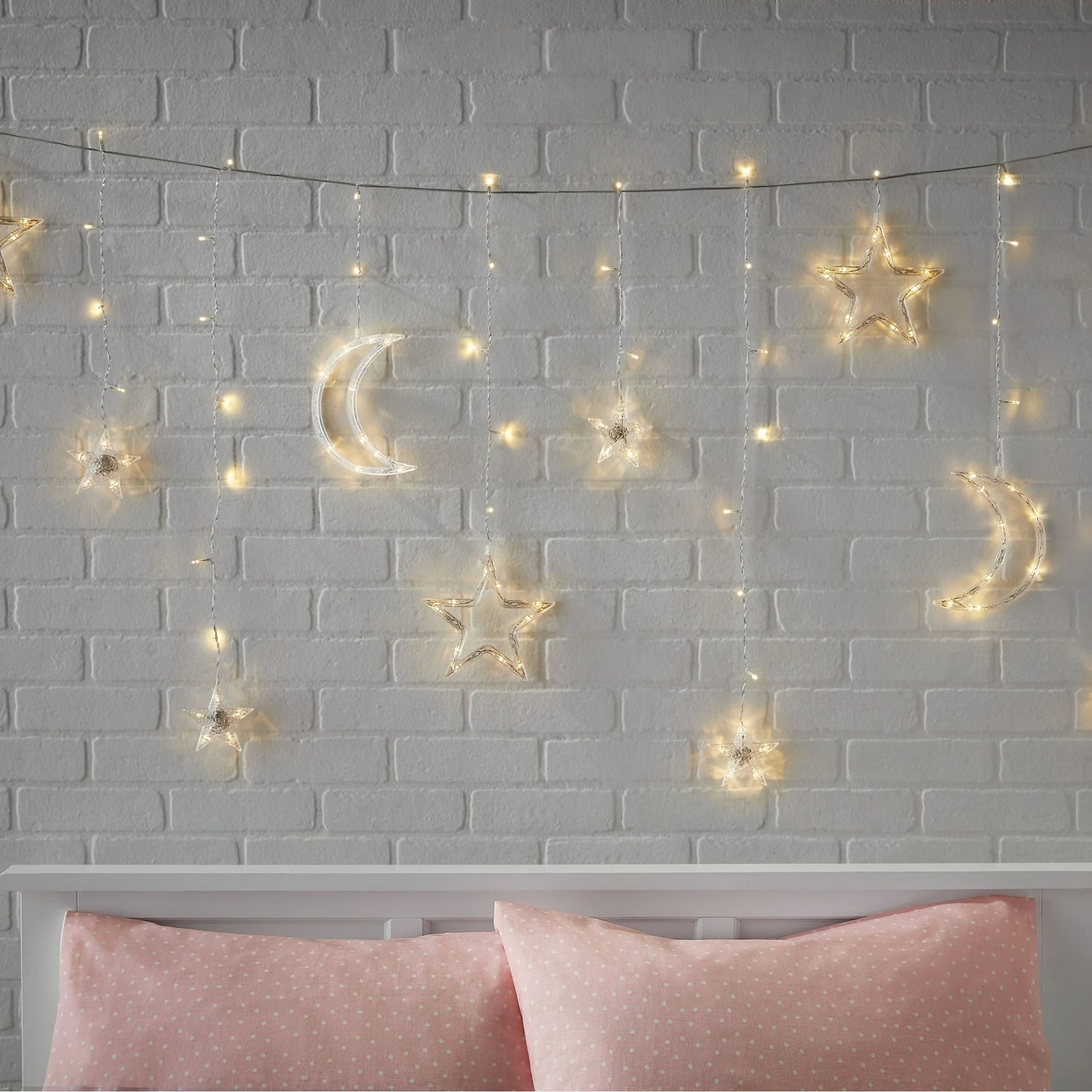 Mainstays 144-Count Indoor Battery Operated Warm White LED Curtain Lights with Stars and Moons